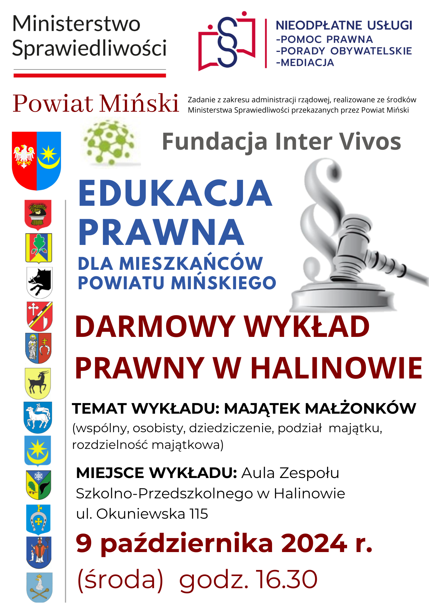 plakat z zapowiedzią wykładu prawnego w dniu 9 października 2024 r. w auli ZSP w Halinowie ul. Okuniewska 115